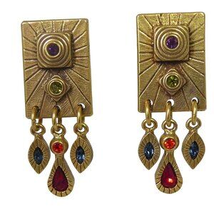 Colorful Signed Patricia Locke Earrings - Gold Tone With Multi Colored Crystals